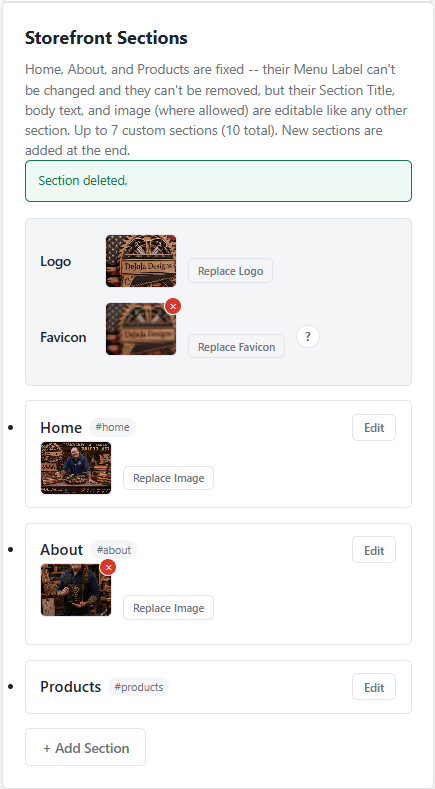 Storefront Sections panel showing logo and favicon upload controls above the Home, About, and Products sections with editable images and an Add Section button