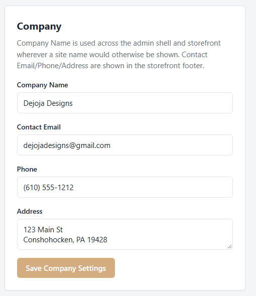 Settings page showing editable company name, contact email, phone, and address